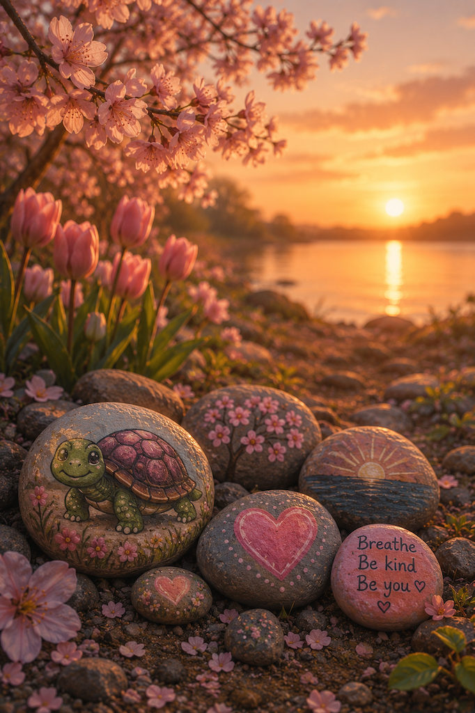 Painted rocks beside a journal beneath soft cherry blossoms